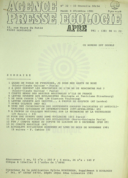 AGENCE PRESSE ECOLOGIE N°32-33 (1981)