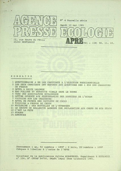 AGENCE PRESSE ECOLOGIE N°4 (1981)