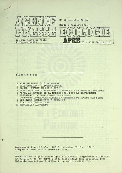 AGENCE PRESSE ECOLOGIE N°12 (1981)