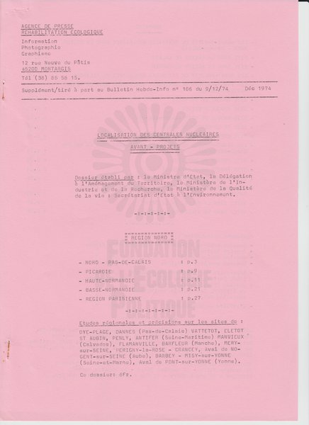 BULLETIN DE L'APRE SUPPLEMENT DU N°106 (1974)