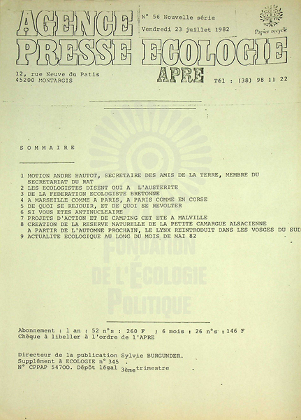AGENCE PRESSE ECOLOGIE N°56 (1982)