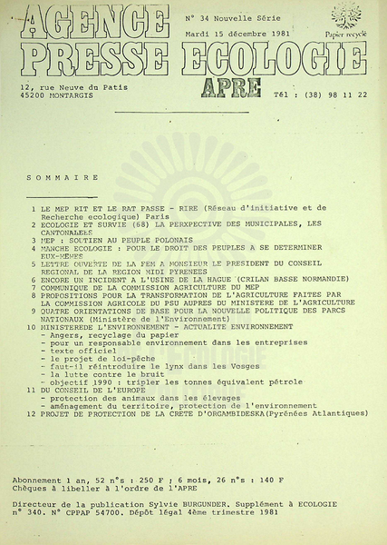 AGENCE PRESSE ECOLOGIE N°34 (1981)