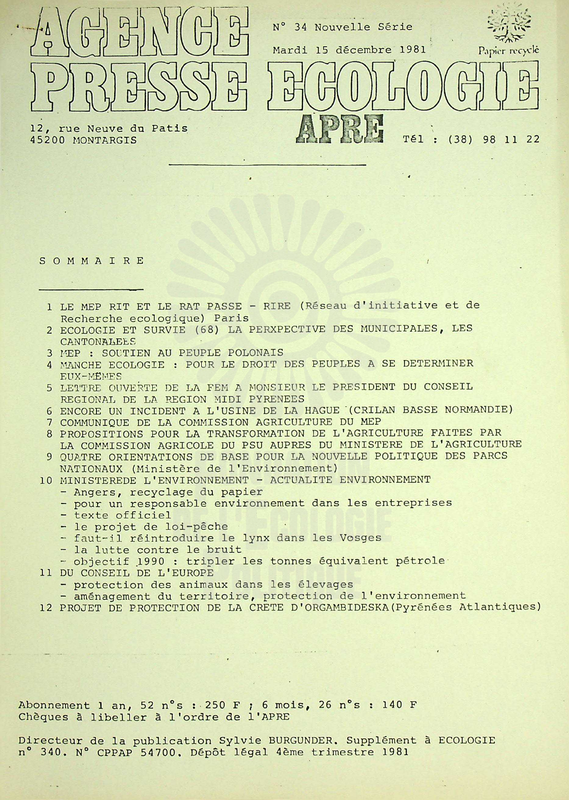 AGENCE PRESSE ECOLOGIE N°34 (1981)