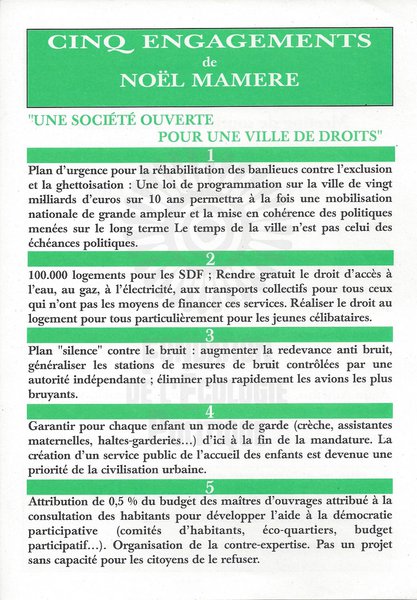 Cinq engagements de Noël Mamère (présidentielle 2002)