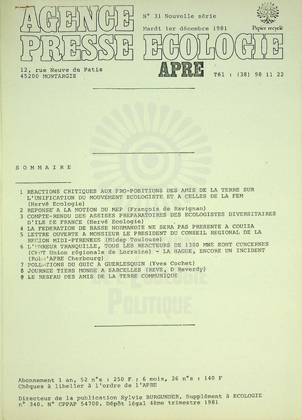 AGENCE PRESSE ECOLOGIE N°31 (1981)