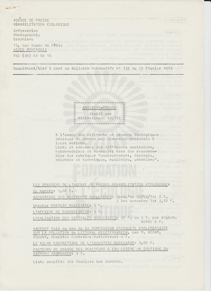 SUPPLEMENT DU BULLETIN DE L'APRE N°126 (1975)