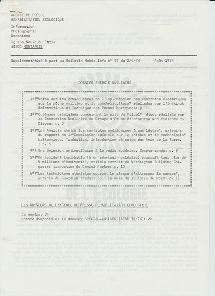 BULLETIN DE L'APRE SUPPLEMENT DU N°88 (1974)