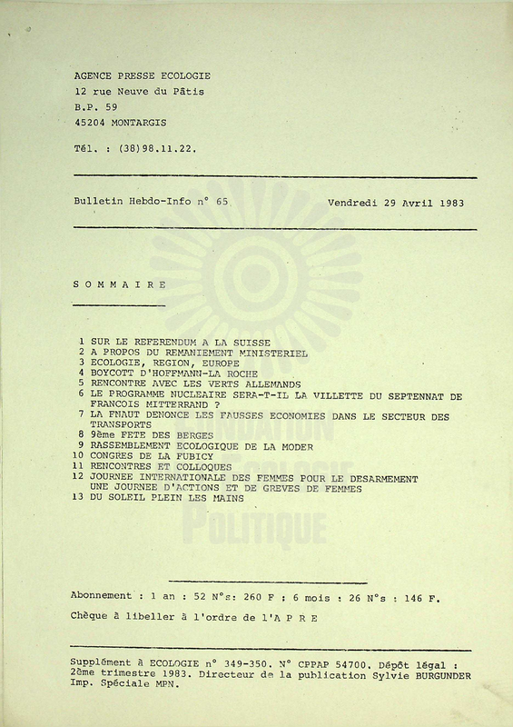AGENCE PRESSE ECOLOGIE N°65 (1983)