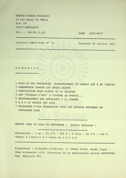 AGENCE PRESSE ECOLOGIE N°74 (1983)