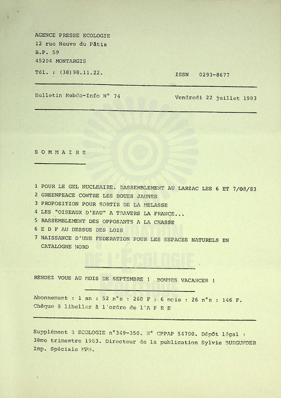 AGENCE PRESSE ECOLOGIE N°74 (1983)