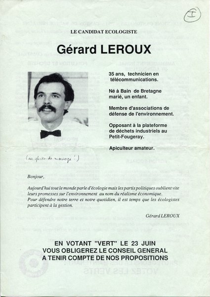 LE CANDIDAT ÉCOLOGISTE / GÉRARD LEROUX (cantonales 1991)