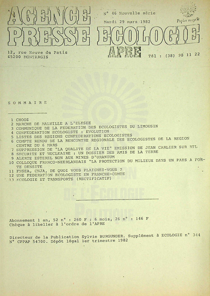 AGENCE PRESSE ECOLOGIE N°46 (1982)