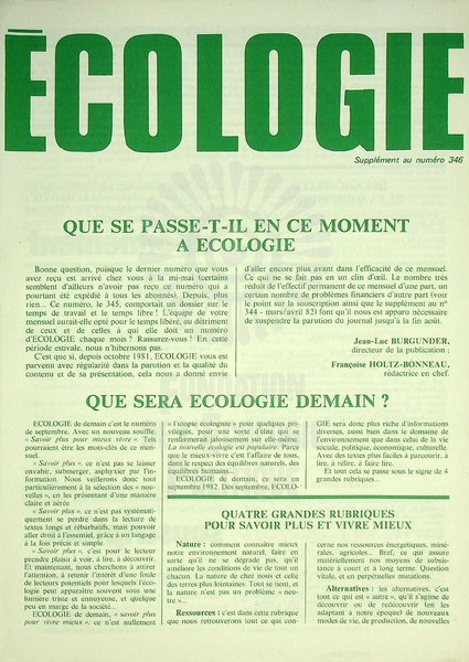 SUPPLEMENT ECOLOGIE N°346 (1982)
