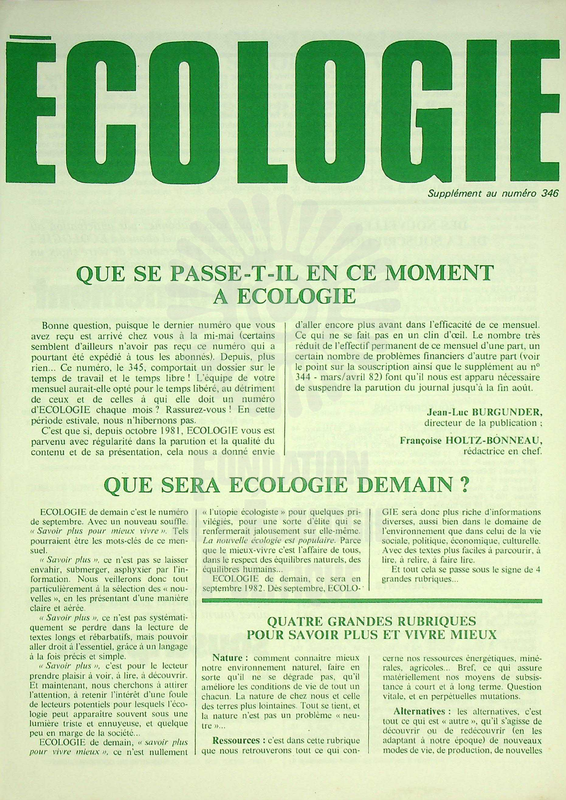 SUPPLEMENT ECOLOGIE N°346 (1982)