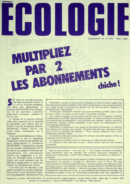 SUPPLEMENT ECOLOGIE N°344 (1982)