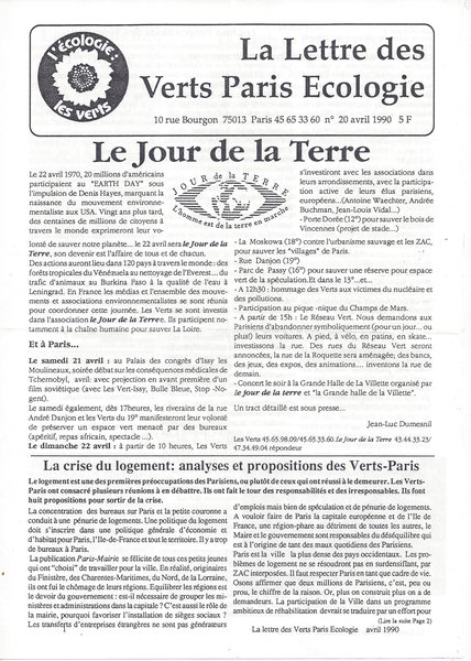 La Lette des Verts Paris Ecologie n°20 (1990)