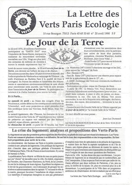 La Lette des Verts Paris Ecologie n°20 (1990)