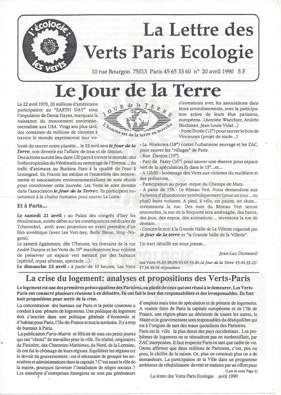 La Lette des Verts Paris Ecologie n°20 (1990)
