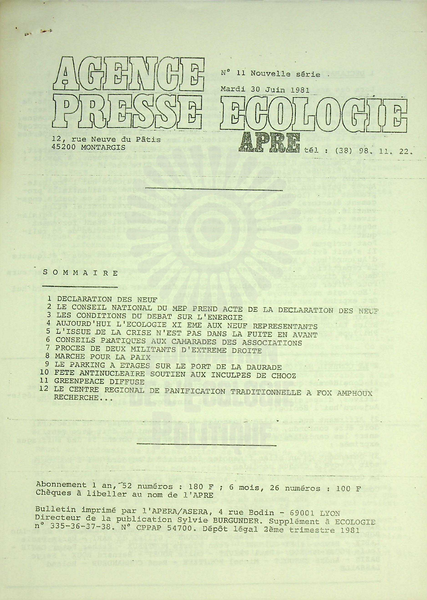 AGENCE PRESSE ECOLOGIE N°11 (1981)