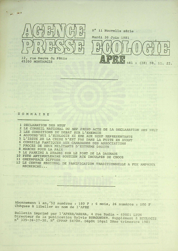 AGENCE PRESSE ECOLOGIE N°11 (1981)