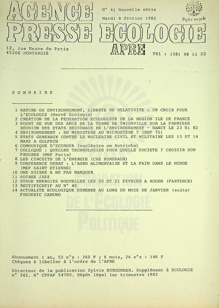 AGENCE PRESSE ECOLOGIE N°41 (1982)