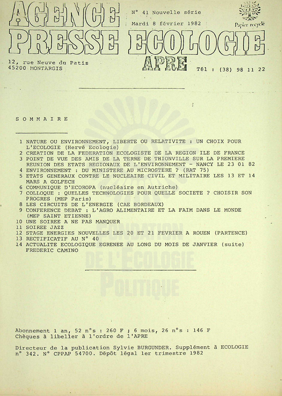 AGENCE PRESSE ECOLOGIE N°41 (1982)
