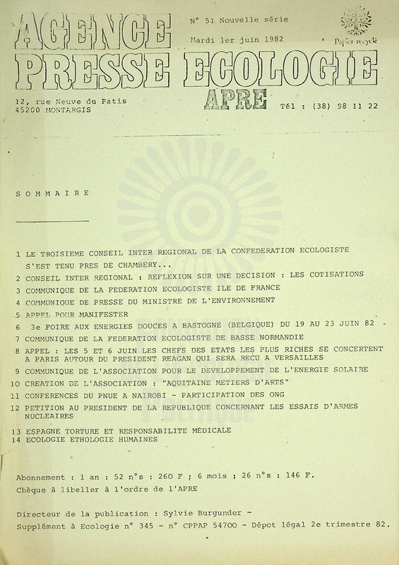 AGENCE PRESSE ECOLOGIE N°51 (1982)