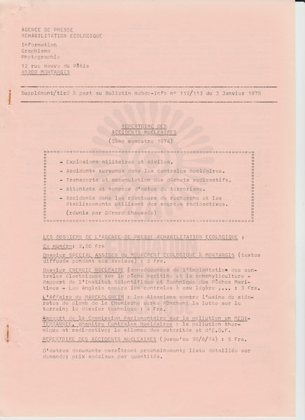 SUPPLEMENT DU BULLETIN DE L'APRE N°112-113 (1975)