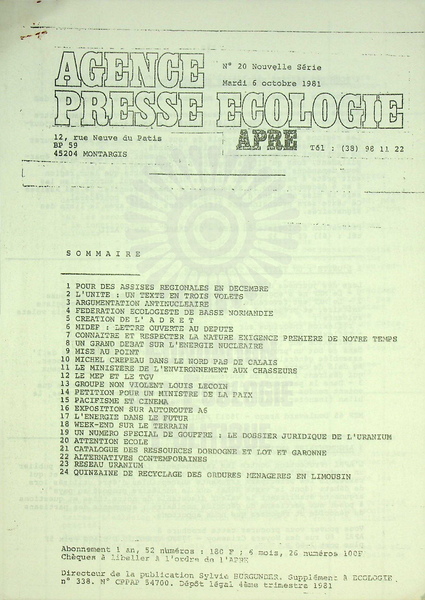 AGENCE PRESSE ECOLOGIE N°20 (1981)