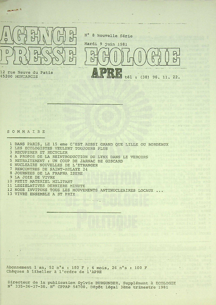 AGENCE PRESSE ECOLOGIE N°8 (1981)