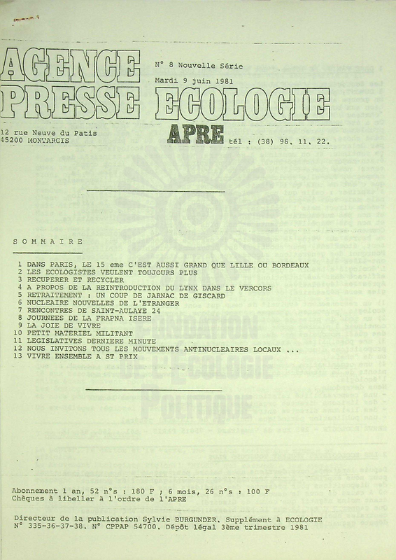 AGENCE PRESSE ECOLOGIE N°8 (1981)