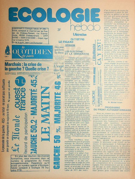 SUPPLéMENT ECOLOGIE HEBDO N°285 (1978)