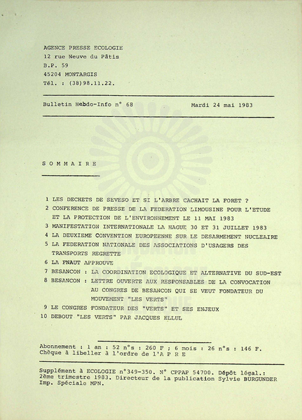 AGENCE PRESSE ECOLOGIE N°68 (1983)