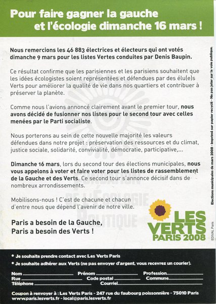 Pour faire gagner la gauche et l’écologie (municipales 2008)