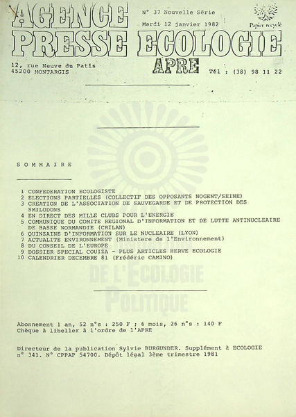 AGENCE PRESSE ECOLOGIE N°37 (1982)