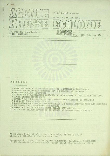 AGENCE PRESSE ECOLOGIE N°14 (1981)