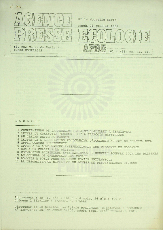 AGENCE PRESSE ECOLOGIE N°14 (1981)