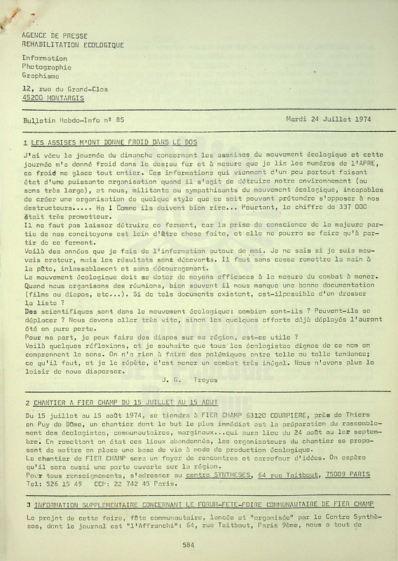 BULLETIN DE L'APRE N°85 (1974)