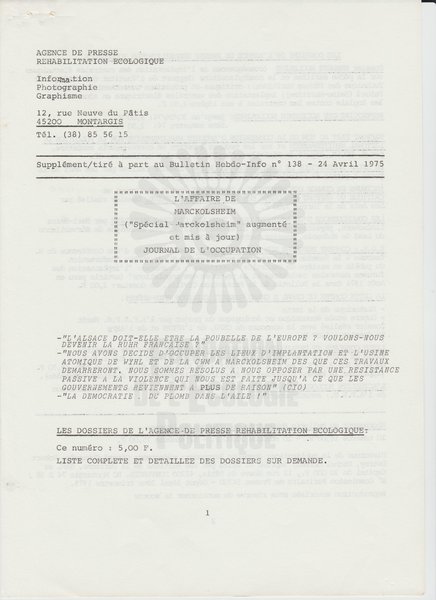 SUPPLEMENT DU BULLETIN DE L'APRE N°138 (1973)